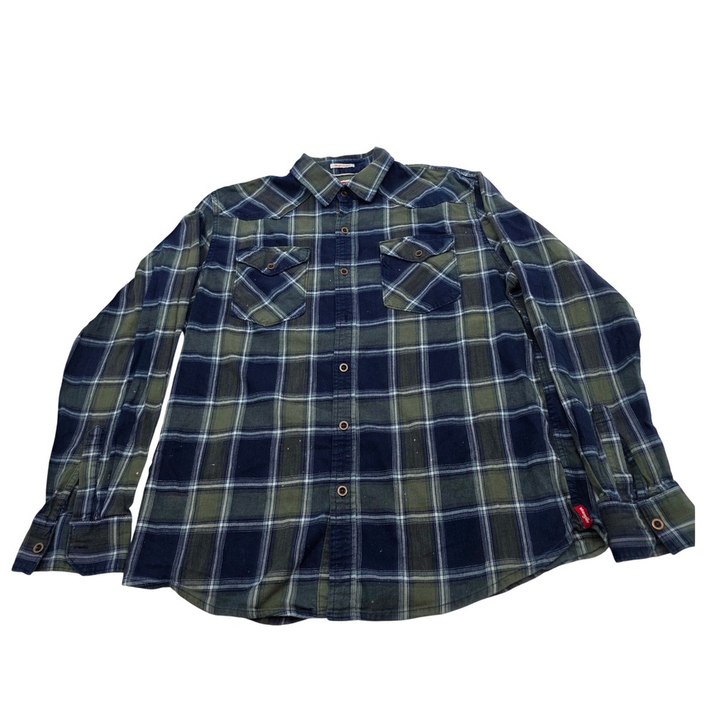 Wrangler‎ Plaid Button Down Shirt Mens Large Blue Green Flex For Comfort flaws